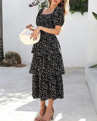 BTFBM Womens Square Neck Smocked Dress Summer Puff Short Sleeve Floral Casual Ruffle Tiered Maxi Wedding Guest Dresses in Kuwait