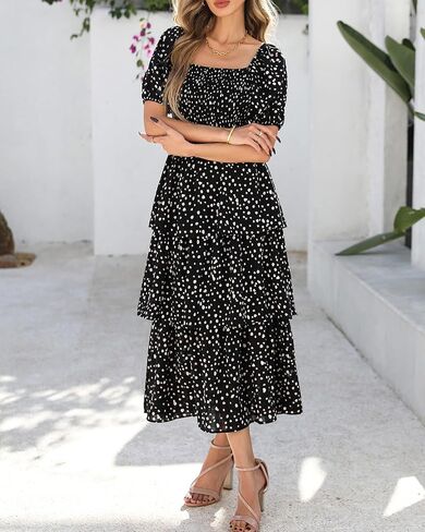 BTFBM Womens Square Neck Smocked Dress Summer Puff Short Sleeve Floral Casual Ruffle Tiered Maxi Wedding Guest Dresses in Kuwait