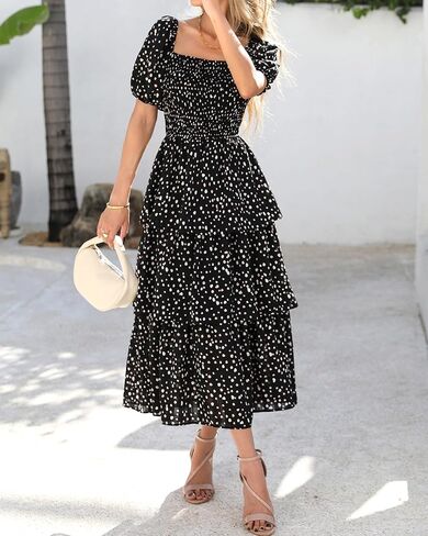 BTFBM Womens Square Neck Smocked Dress Summer Puff Short Sleeve Floral Casual Ruffle Tiered Maxi Wedding Guest Dresses in Kuwait