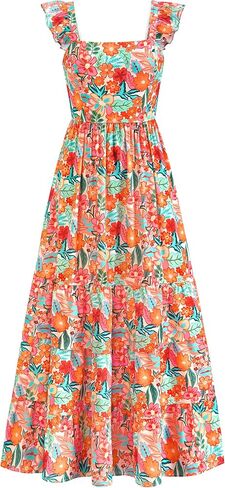 Dowerme Summer Vresses for Women 2025 Casual Chulled Smocked Tiered A-Line Boho Floral Maxi Beach Sun Bress مع جيوب in Kuwait