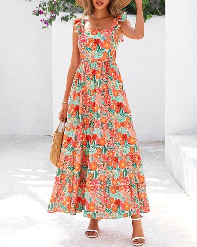 Dowerme Summer Vresses for Women 2025 Casual Chulled Smocked Tiered A-Line Boho Floral Maxi Beach Sun Bress مع جيوب in Kuwait