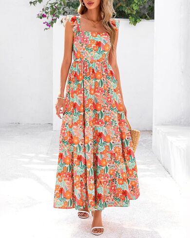 Dowerme Summer Vresses for Women 2025 Casual Chulled Smocked Tiered A-Line Boho Floral Maxi Beach Sun Bress مع جيوب in Kuwait