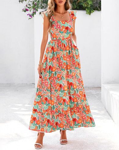 Dowerme Summer Vresses for Women 2025 Casual Chulled Smocked Tiered A-Line Boho Floral Maxi Beach Sun Bress مع جيوب in Kuwait