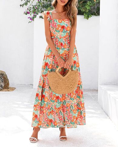 Dowerme Summer Vresses for Women 2025 Casual Chulled Smocked Tiered A-Line Boho Floral Maxi Beach Sun Bress مع جيوب in Kuwait