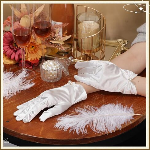 Geyoga Short Satin Gloves Bridal Wrist Pearl Gloves for Tea Party Banquet Costume 1920s Flapper Accessories for Wedding in Saudi Arabia
