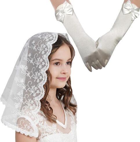 Leimandy Girls First Communion Veil & Satin Gloves Set - Lace Veil with Bowknot Gloves for Mass Baptism Wedding F17 in Kuwait
