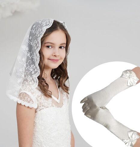 Leimandy Girls First Communion Veil & Satin Gloves Set - Lace Veil with Bowknot Gloves for Mass Baptism Wedding F17 in Kuwait