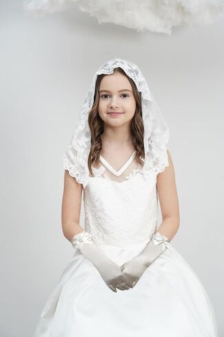 Leimandy Girls First Communion Veil & Satin Gloves Set - Lace Veil with Bowknot Gloves for Mass Baptism Wedding F17 in Kuwait