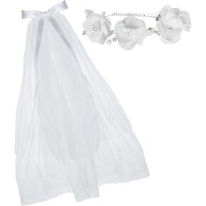 2 Pcs First Communion Accessories Set Girls White Floral Wreath Lace Veil Comb and Floral Crown Set, White 22 Incies