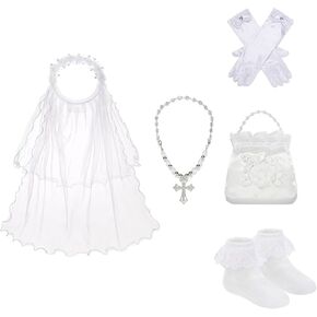 First Communion Floral Wreath Pearl Crown Veil for Girls Kids White Lace Veils 5PCS with Handbag Church Weeding Ceremony 27.5IN(3-12Y)