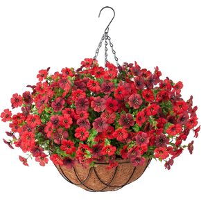 Artificial Silk Flowers Hanging Basket for Outdoor Indoor, Daisy with Eucalyptus Leaves Arrangement for Garden Yard Spring Summer Decor, Faux Green Plant in Metal Coconut Lining Pot(Red Purple)