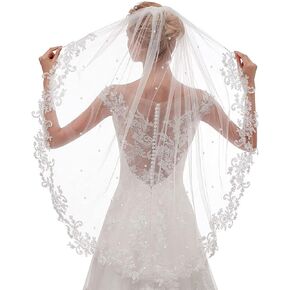 Lace Veil Bridal Cathedral Veil with Comb - Ivory Elbow Length for Bride
