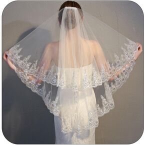 Yalice Sequins Bride Wedding Veil Short Fingertip Length Two-Tier/2T Lace Bridal Veils Glitter Soft Tulle Veils with Comb