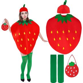 4pcs Halloween Strawberry Costume Women Adult Girl Cute Fruit Costume with Strawberry Dress Hat Bag and Sock for Halloween Cosplay Dress Up Party