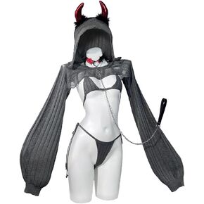 Koruraclub Knitting Coziest Devil Costume （مجموعة من 7 قطع） Gray Premium Sweater Cosplay Lingerie للنساء Cosplay Costume