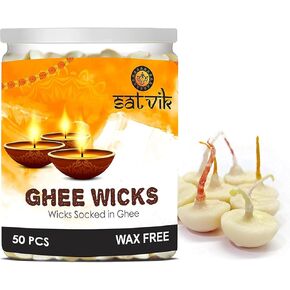 SATVIK 50 Pcs Pure Ghee Wicks for Puja Pooja for Home and Mandir. Nitya Pujan Readymade Ghee Jyot Jyoti Pujan Indian Housewarming Return Gift Items Puja Accessories. Diwali Diya Cotton Wicks