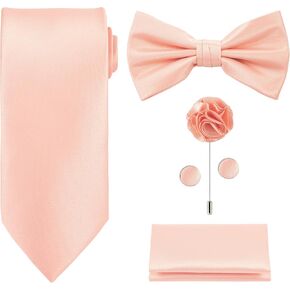 TIE G 5pcs Tie Set in Gift BOX WHITE OR BLACK: Solid Color Necktie, Satin Bow Tie, Pocket Square, Lapel, Cuff Links