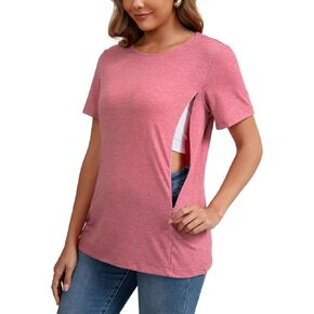 GINKANA Women's Nursing Shirts Short Sleeve Breastfeeding Tshirt with Hidden Zippers Loose Fit Nursing Tops