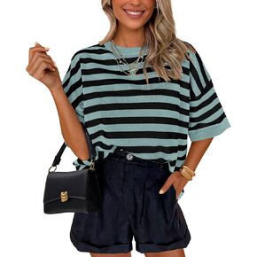 Prettygarden Womens Spring Summer Tops Fashion مخططة قصيرة الأكمام سترة الطاقم الرقبة خفيفة الوزن متماسكة الحجم 2025