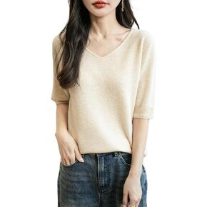 Women's V-Neck 100% Merino Wool Spring Fall Winter First-Line Ready to Wear Seamless Knit Shirt Short Sleeve Sweater