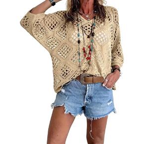 Allimy Womens Summer Crochet Long Sleeve Tops Tops Sweats for Women 2025 Beach Cove Ups Cruise Outfits