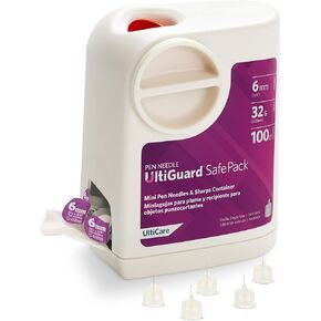 All-in-One Ultiguard Safe Pack Pen Teadles وحاوية الأدوات الحادة لحقن الأنسولين في المنزل والتخلص من الإبرة الآمن ، الحجم: Mini 6mm (1/4 ") × 32G ، 100 عدد