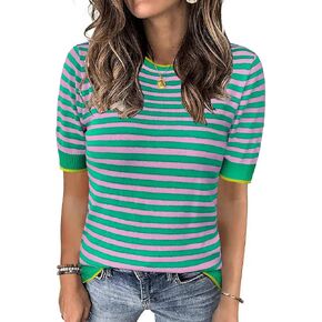 Womens Tops Summer Short Sleeve Shirts Striped Sweater Cute Casual Top Trendy Women Clothing Crewneck Knit Blouses