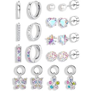 Florideco Hypoallergenic Earrings for Girls Women Surgical Stainless Steel Screw Back Stud Earrings for Girls Sensitive Ears Hoop Earrings Set Kids Earrings Toddler Earring Over 4 Years Old