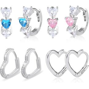 Small Sterling Silver Heart Hoop Earrings for Girls Women Hypoallergenic Love Heart Pink Blue Earrings Jewelry Girl Hoop Earings 4 Pairs
