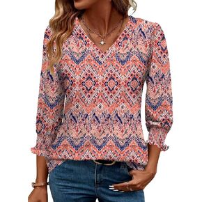 Rapbin 3/4 Length Sleeve Womens Tops Summer Trendy Puff-Sleeve V-Neck Blouses Dressy Casual Textured Smocked T-Shirt