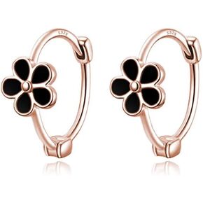 Reffeer Solid 925 Sterling Silver Daisy Flower Hoop Earrings Huggie for Women Teens Black Flower Hoop Earrings Spring Cartilage Helix Earrings