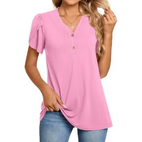 BISHUIGE 2025 Women's Summer Henley V-Neck Button Up Tunic Top Petal Sleeve Comfy Blouse Casual T-Shirt Sizes M-3XL
