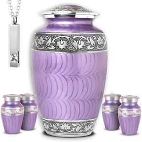 Set of 6 Funeral & Cremation Urn for Ashes for Women with 1 Large Purple Patch Decorative Urns for Human Ashes Adult Female, 4 Small Keepsakes and 1 NecklaceUrn - Handcrafted in India