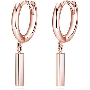 Reffeer Solid 925 Sterling Silver Bar Drop Hoop Earrings for Women Teens Minimalist Bar Hoop Earrings Huggie