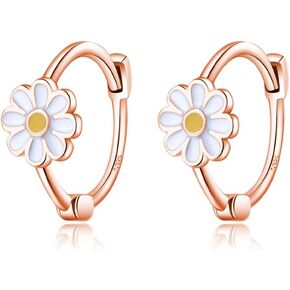 Reffeer Solid 925 Sterling Silver Daisy Flower Hoop Earrings for Women Teens Flower Hoop Earrings Spring Cartilage Helix Earrings