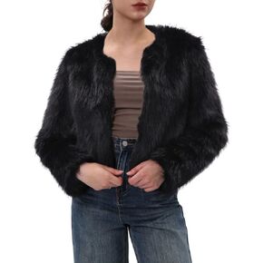 Amazhiyu Women's Faux Fur Cropped Coat Pockets Long Sleeve Open Front Winter Jacket