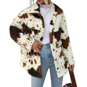 Hber Women's Faux Fur Fur Jacket عصري طويل الأكمام الزر أعلى البقر طباعة الخريف شتاء معاطف شيربا الفراء مع جيوب