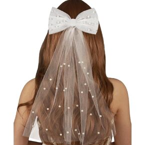 Herda Elegant Bridal Hair Bow Bride Veil with Pearls | White Tulle Wedding Veil | Bachelorette Party Accessories Clip-On Veils | Bridesmaid Hair Accessories For Women | Bride-to-Be Gifts Wedding Favor