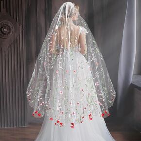 1 Tier Bride Floral Wedding Veil Exquisite Embroidered Veil with Comb Bride Embroidered Flowers Butterfly Hair Accessories for Photography Bridal Shower Bachelorette Party Waltz Length 55"