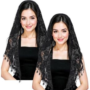 2pcs Catholic Veils for Women Mass,Black White Mass Veil with Fringed Lace Vintage Triangle Mantilla Veil Church Mantilla