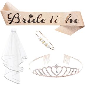 Bride to Be Sash, Pink Gold Alloy Tiara, Veil, and Pin Set, Bridal Shower Gift Supplies, Bachelorette Party Decorations Rose Gold Glitter Kit