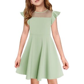Haloumoning Girls Dress Summer Ruffle Sleeve Mesh A Line Casual Party Dresses with Pockets for Kids 4-14 Years