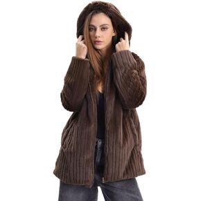 Amazhiyu Women's Faux Fur Jacket Winter Long Sleeve Hooded Zip Up Coat Outerwear
