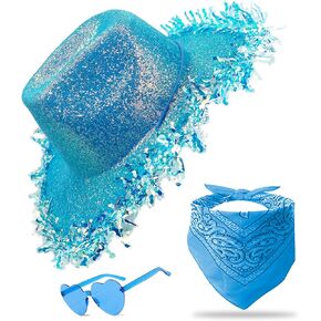 Cowboy Hats with Reflective Sequins for Women, Glitters Foil Brim Cowgirl hats with Bandana Heart Shaped Sunglasses in Kuwait