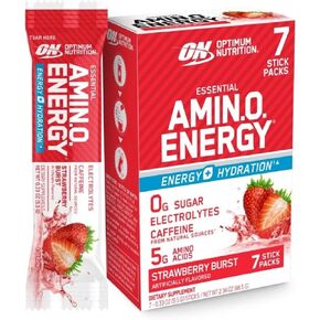 Optimum Nutrition Amino Energy Plus Hydration Packets, On-The-Go Energy Powder Stick Packs, Strawberry Burst, 25 Count