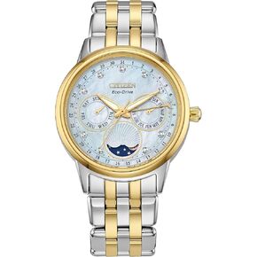 Citizen Women's Eco-Drive Calendrier, Moon Phase Diamond Accents Dial, Stainless Case and Bracelet Watch, Month/Day/Date