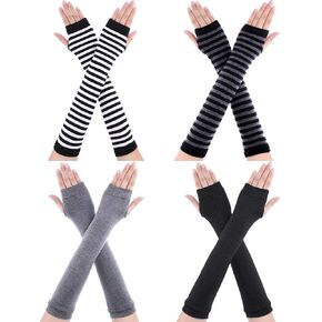 Bememo 4 Pairs Punk Gothic Long Fingerless Gloves Knitted Arm Warmer Elbow Length Thumb Hole Gloves
