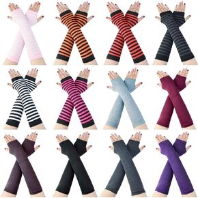 Tongcloud 12 Pairs Women Winter Long Fingerless Gloves - Knitted Arm Warmers, Thumbhole, Elbow Length, Stretchy (Color Set 1, 11.8x3.5'')