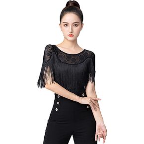 Women's Fringe Tassel Trim Lace Practice Ballroom Latin Salsa Dance Blouse Shirt Top