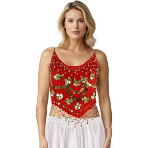 MUNAFIE Dance Top Genie Top Belly Dance Top with Coins Strap type without Chest Pad Arabian Nights Outfit for Women